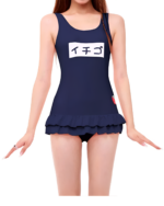 Woman wearing a navy blue one-piece animecore swimsuit with a ruffled skirt. Features Japanese text on the chest.