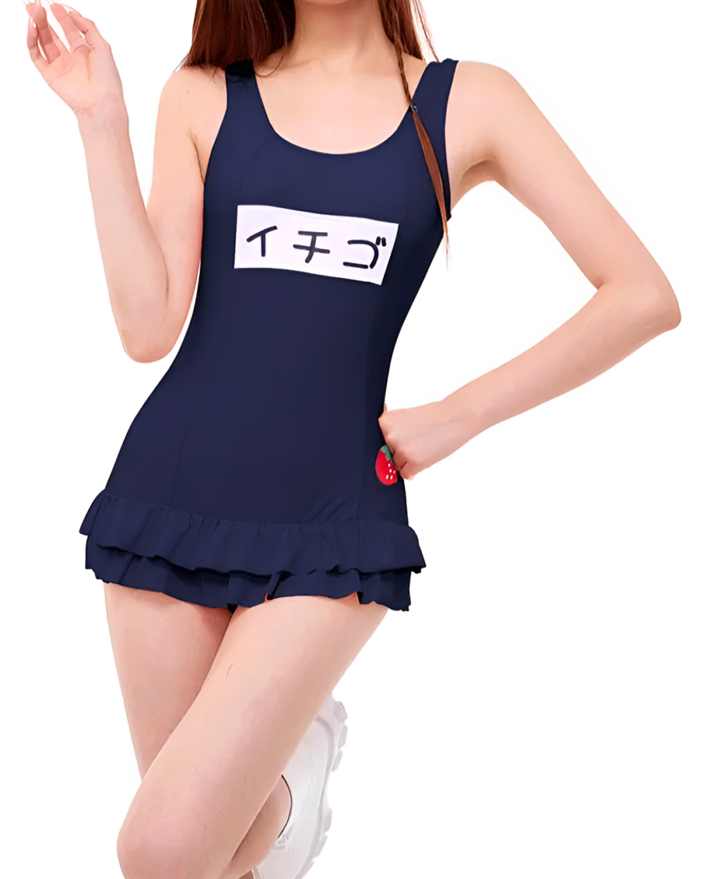 Woman wearing Midnight Ichigo Sukimizu, a navy blue animecore swimsuit with a strawberry detail and Japanese text.