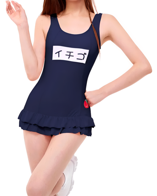 Woman wearing Midnight Ichigo Sukimizu, a navy blue animecore swimsuit with a strawberry detail and Japanese text.