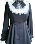 Black long-sleeve dress with lace ruffles and heart detail, embodying the Jirai Kei aesthetic. Ideal for a dark and romantic style.