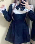 Black dress with ruffled collar & cuffs, embodying the Jirai Kei aesthetic. A fashionable coord for a unique style.