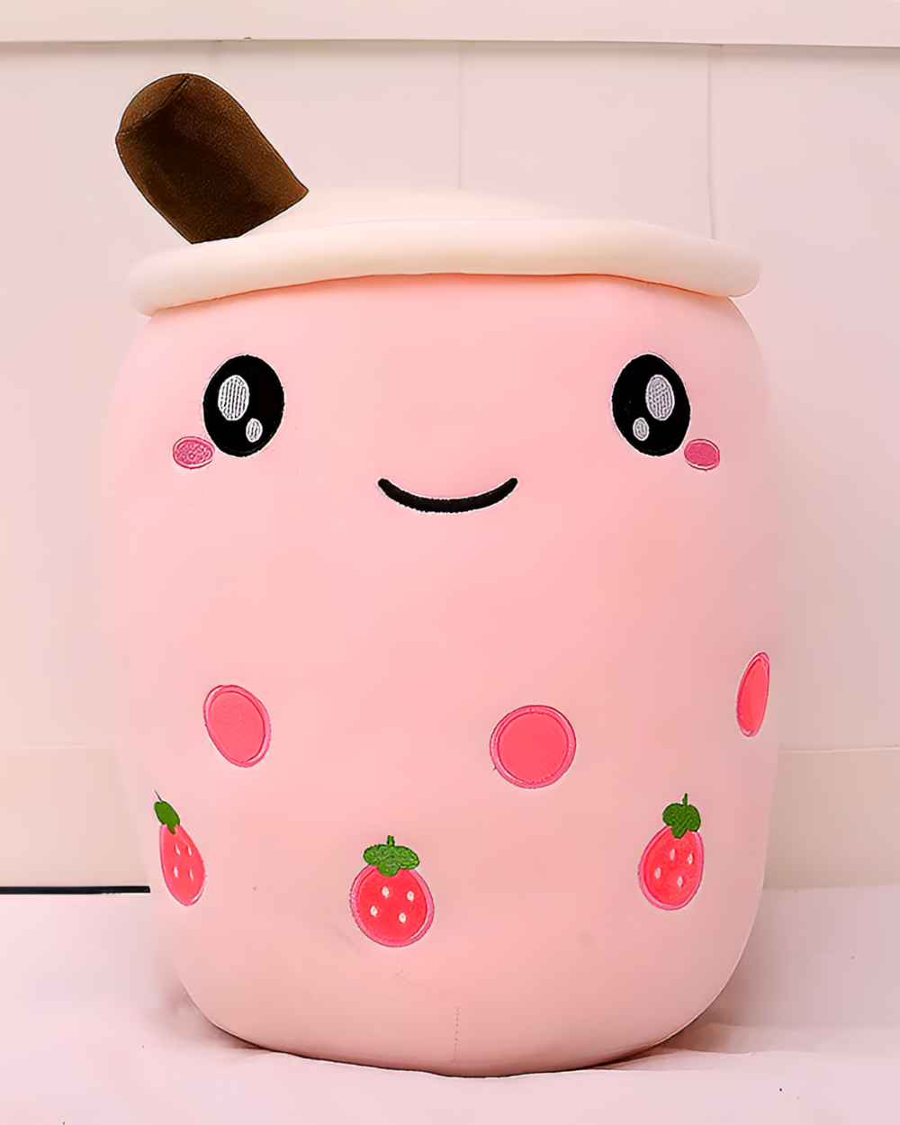 Pink Milk Tea Plushie MK II - Boba Overload featuring embroidered details and fruit accents.