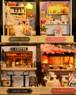 Miniature DIY Doll House featuring candy shops and cafes, detailed miniature scenes.