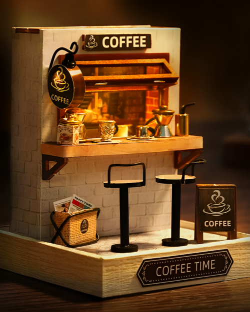 Miniature DIY Doll House featuring a coffee shop scene with furniture and accessories.
