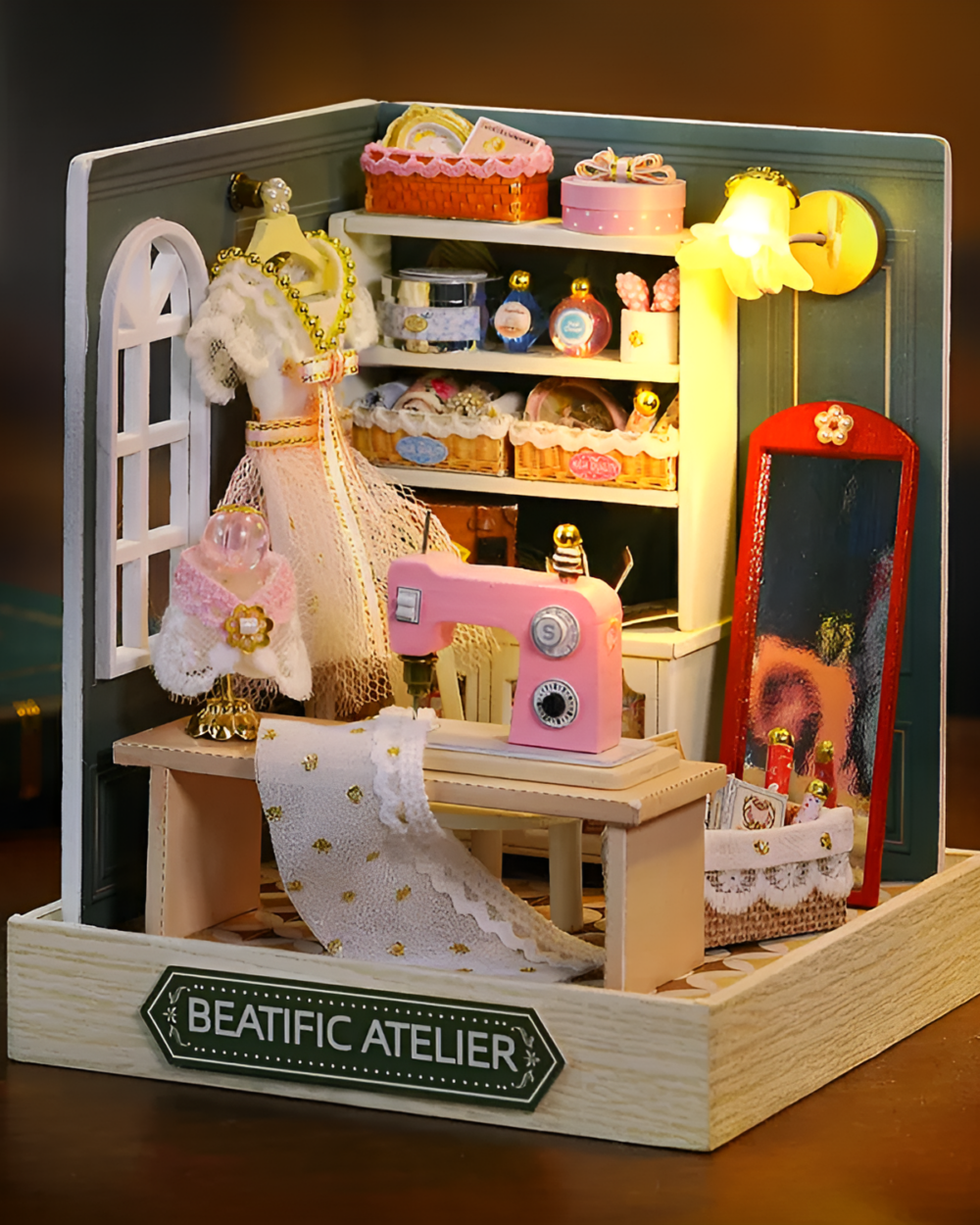 Miniature DIY Doll House featuring a sewing room with lights, fabrics, and accessories.