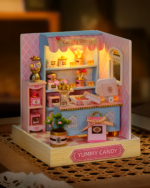 Miniature DIY Doll House featuring a candy shop with details and lighting.