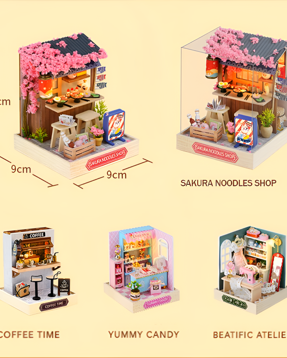 Set of Miniature DIY Doll Houses from Sakura Noodles Shop, various designs and sizes.