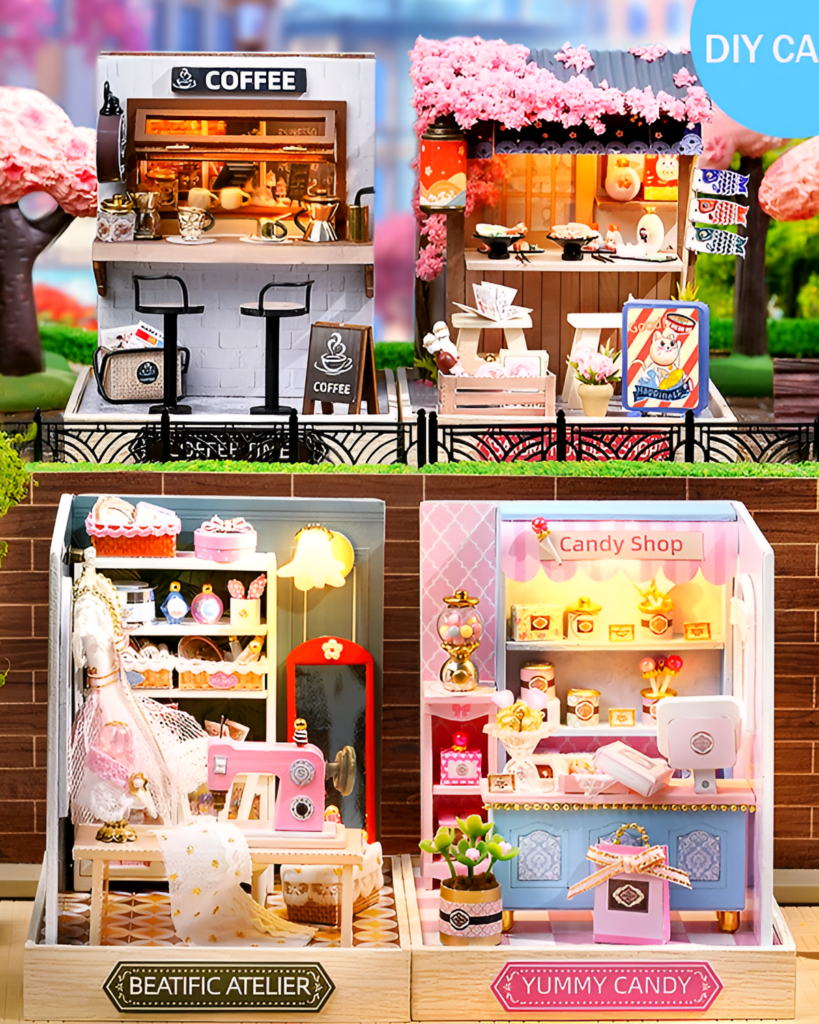 Two displays of a Miniature DIY Doll House, featuring a coffee shop and candy shop setup.