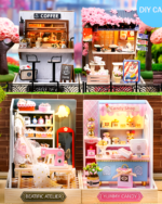 Two displays of a Miniature DIY Doll House, featuring a coffee shop and candy shop scene.