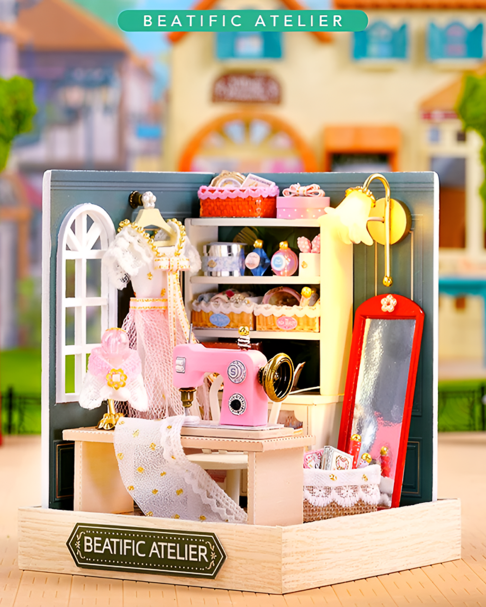 Detailed Miniature DIY Doll House featuring a sewing station with fabric, machine, and accessories.