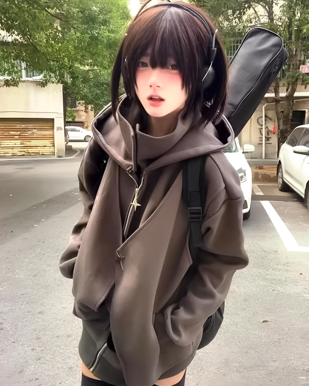 Woman wearing a gray Moonlight Zipper Hoodie outdoors with a backpack and headphones.
