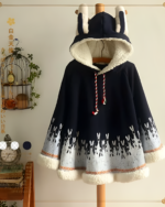 Dark navy blue bunny fleece cape with white fluffy trim and bunny designs. A cozy hooded bunny fleece cape.