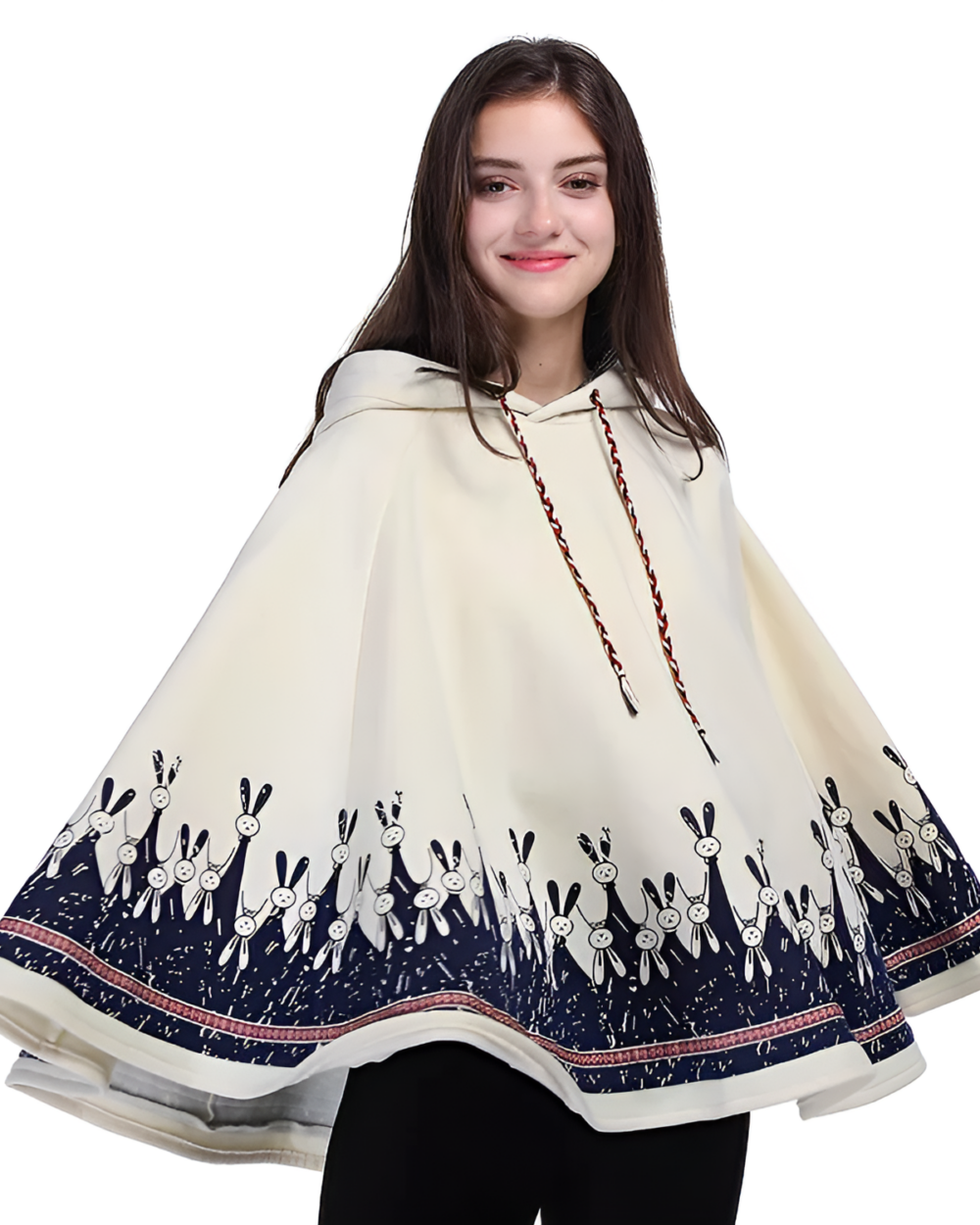 Girl wearing a cream bunny fleece cape with a rabbit pattern and hood. A cozy and cute bunny fleece cape.
