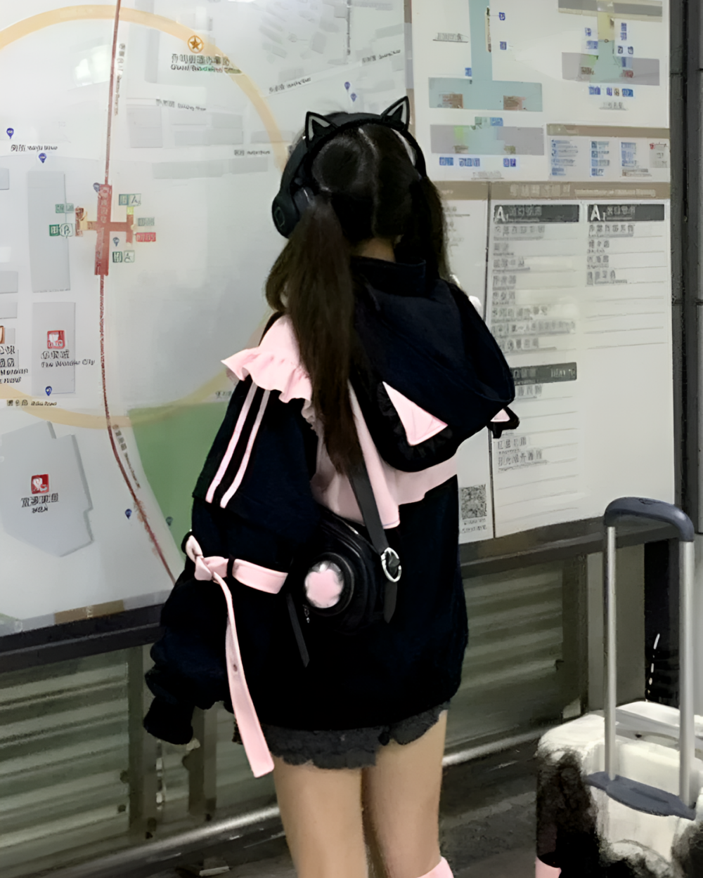 Woman wearing a black and pink Neko Frill Zip Hoodie with cat ears and headphones, showcasing a pastel goth aesthetic.