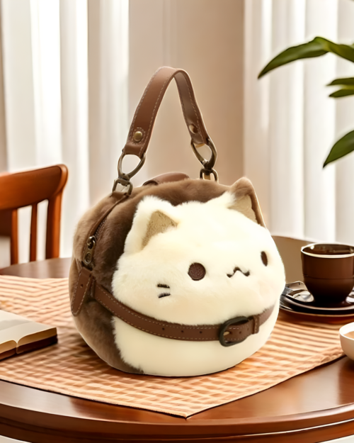 Brown Neko plushie handbag with a handle, featuring a cat face and stitching.
