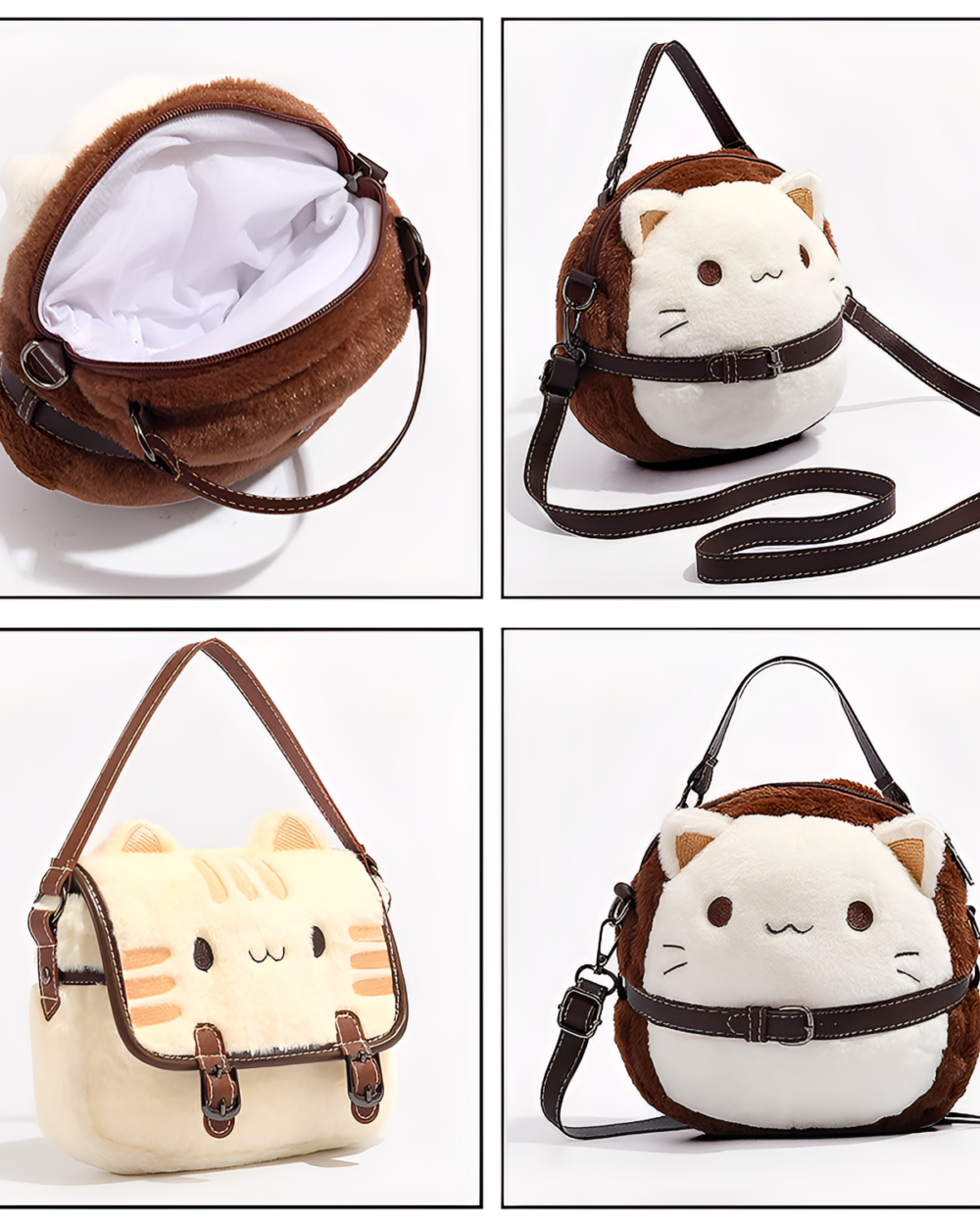 Neko plushie handbag featuring a brown plush design with a zipper closure and adjustable strap.
