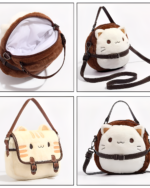Neko plushie handbag featuring a brown plush design with a zipper closure and adjustable strap.