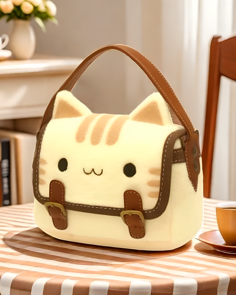 Neko plushie handbag featuring a cat design with a handle and stitching.