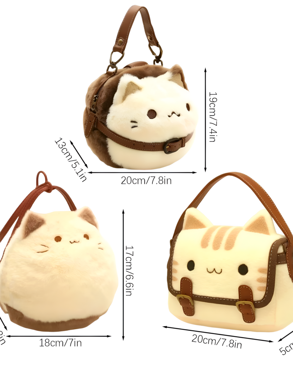 Neko plushie handbag with leather strap and dimensions.