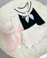 Neko Sailor Tee in black, pink, and white colors. Sleeveless aesthetic top with a sailor collar and bow tie detail.