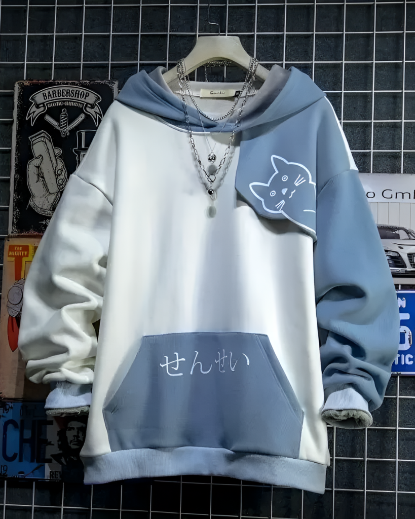 Neko Sensei Pullover Hoodie with a cat design, featuring a color block pattern and Japanese text.