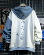 Back view of the Neko Sensei Pullover Hoodie featuring a split color design and Japanese calligraphy.