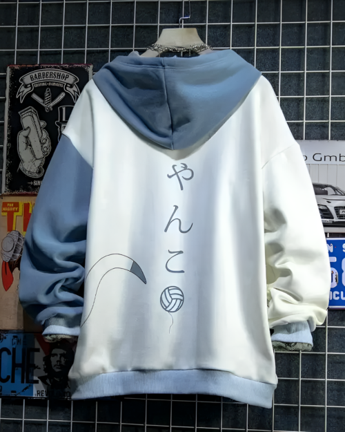 Back view of the Neko Sensei Pullover Hoodie featuring a split color design and Japanese calligraphy.