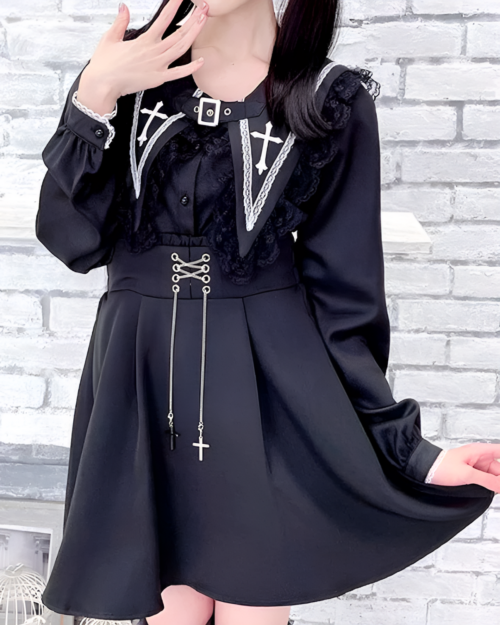 Black long-sleeve Jirai Kei blouse with a high collar, lace details, and a cross pendant. Features a flared silhouette.