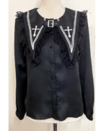 Black long sleeve Jirai Kei blouse with a white cross and lace collar detail, featuring a button-up front.