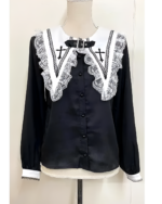 Black long-sleeve Jirai Kei blouse with white lace collar and cross details. Features button-down front.