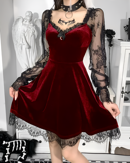 Red velvet Nocturne Moon-Charm Skater Dress with black lace details. Features sheer sleeves and a flared skirt.