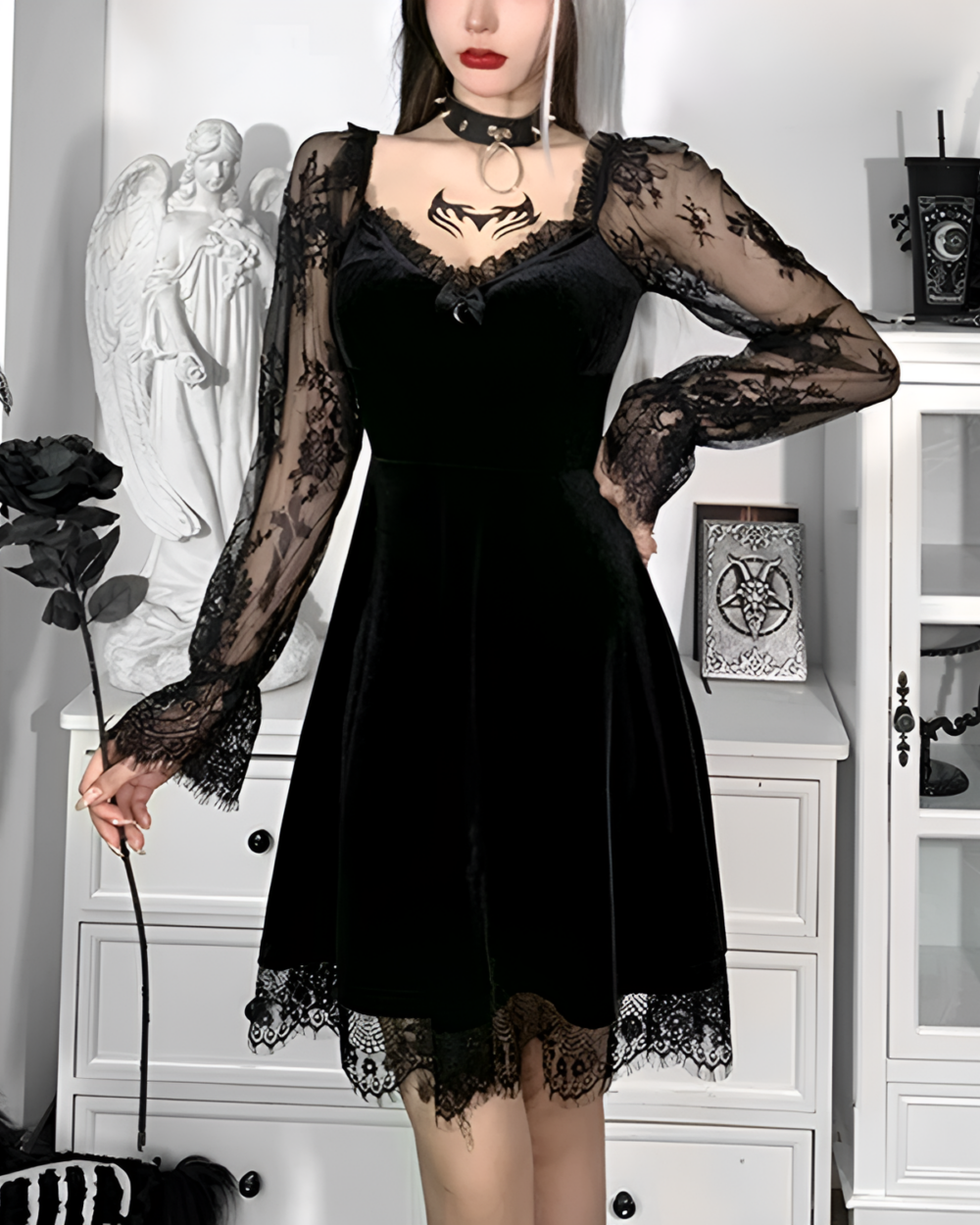 Black velvet skater dress with lace sleeves, the Nocturne Moon-Charm Skater Dress. Features a fitted bodice and flared skirt.