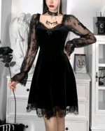 Black velvet skater dress with lace sleeves, the Nocturne Moon-Charm Skater Dress. Features a fitted bodice and flared skirt.