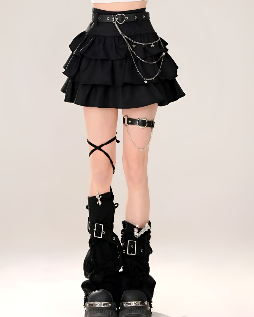 Black tiered mini skirt with star chain details. This star chain skirt features a low rise and decorative chains.