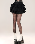 Obsidian Star-Chain Mini Skirt with a ruffled design and black belt. Features a star chain skirt style with printed tights.