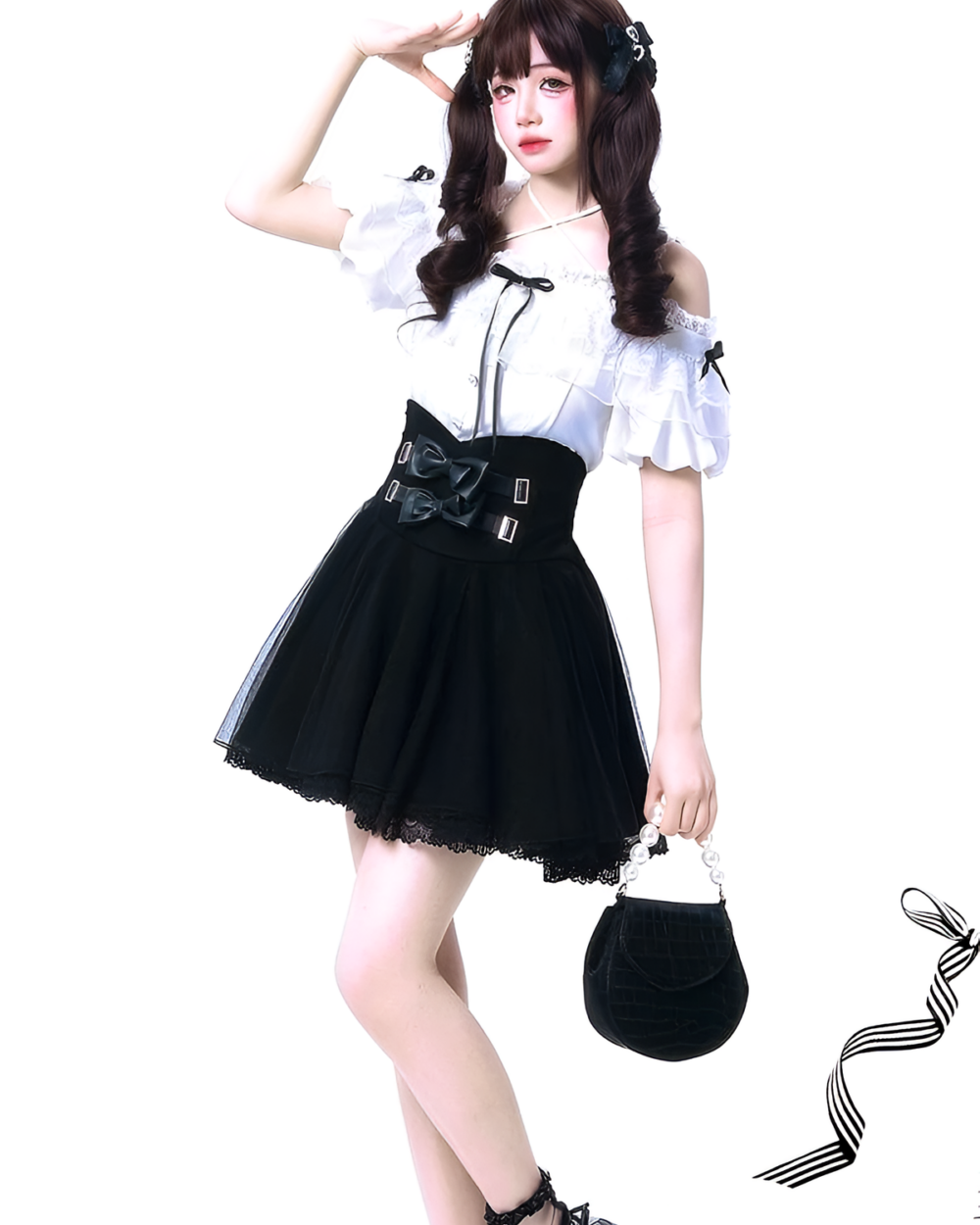 Model wearing Off-Shoulder Blouse & SK Set with a black skirt, embodying the Jirai Kei aesthetic. Includes a small black purse.