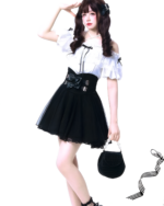 Model wearing Off-Shoulder Blouse & SK Set with a black skirt, embodying the Jirai Kei aesthetic. Includes a small black purse.
