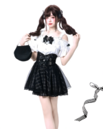 Model wearing Off-Shoulder Blouse SK Set in a Jirai Kei aesthetic, showcasing a black and white plaid skirt and matching accessories.