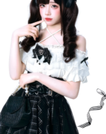 Model wearing an Off-Shoulder Blouse and SK Set with a Jirai Kei aesthetic; white top, black skirt, and accessories.