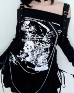 Black Nu-Goth sweater featuring a skull and crossbones graphic, off-shoulder design, and chain details.