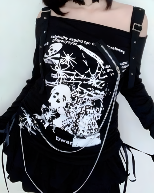 Black Nu-Goth sweater featuring a skull and crossbones graphic, off-shoulder design, and chain details.
