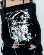 Black Nu-Goth sweater featuring a skull and floral print, off-shoulder design with zip details.