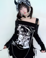 Black Nu-Goth sweater with off-shoulder design and skull print.