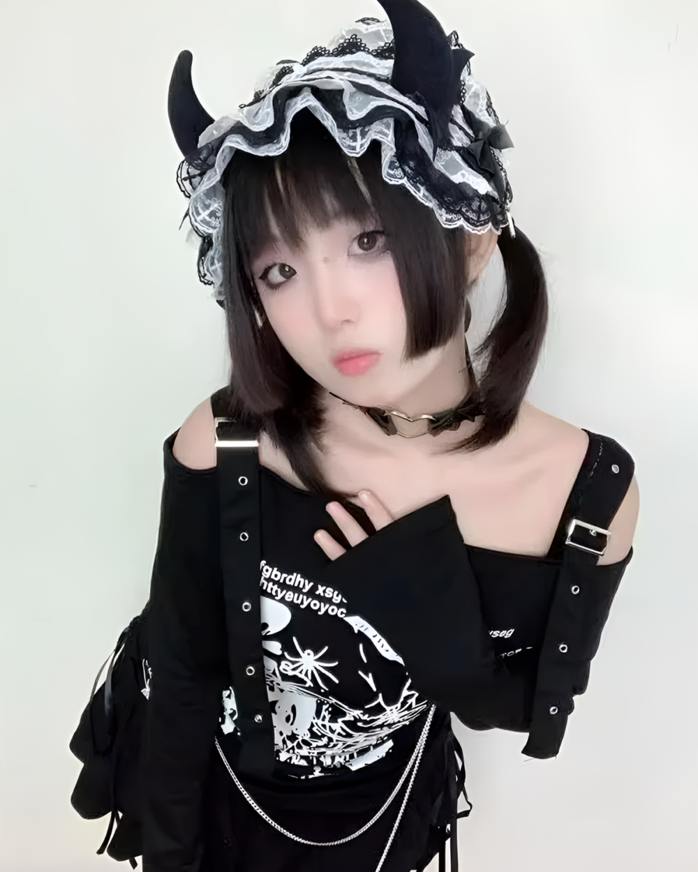 Black Nu-Goth sweater with lace headband and choker detailing.