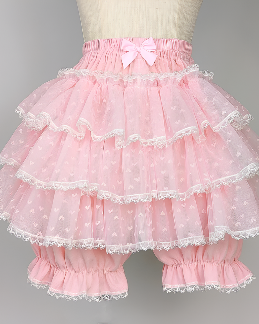 Pink Pastel Heart Frill Bloomers with lace trim and bow. Yume Kawaii aesthetic shorts.