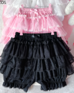 Pastel Heart Frill Bloomers in pink and black, layered with frills and lace. Yume Kawaii aesthetic.