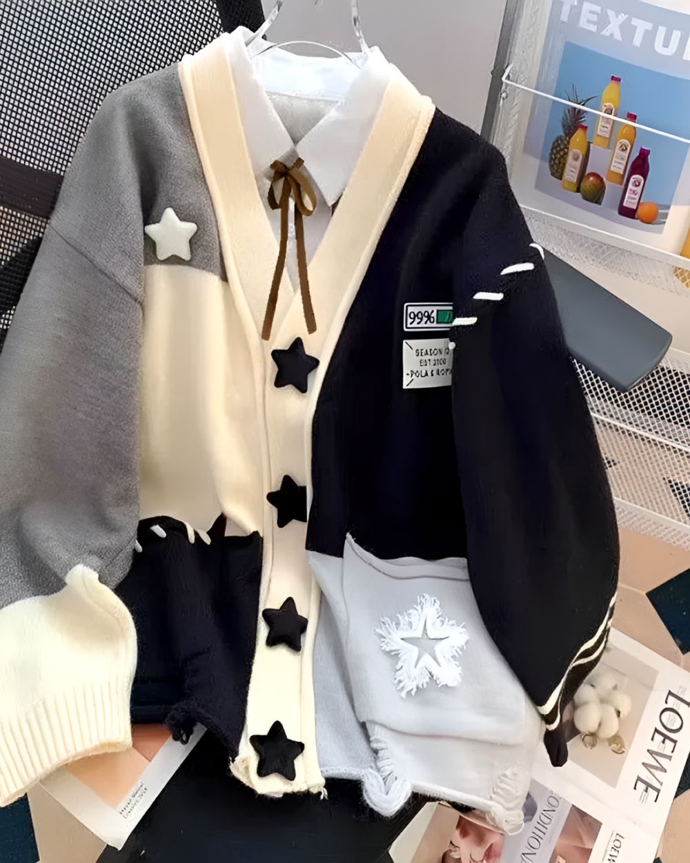 Patchwork star print cardigan, featuring a star design and tassels.