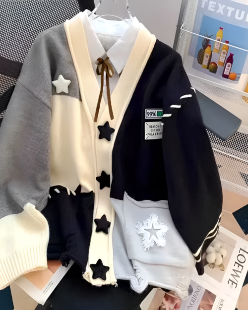 Patchwork star print cardigan, featuring a star design and tassels.