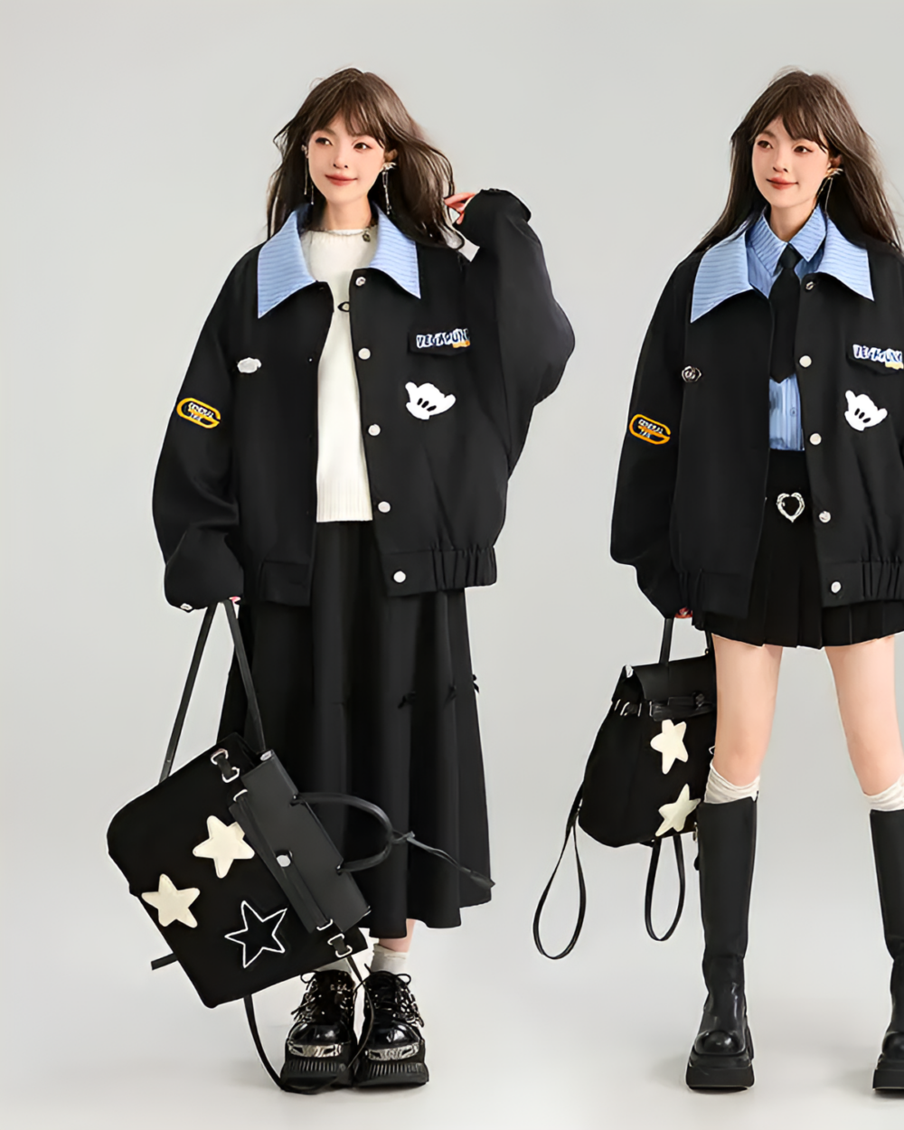 Two models wearing a black Patchy Jacket with colorful patches, showcasing a preppy aesthetic and oversized fit. Includes a matching bag.