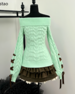 Mint knit set: Pale green off-the-shoulder sweater with ruffled brown skirt and lace detailing.